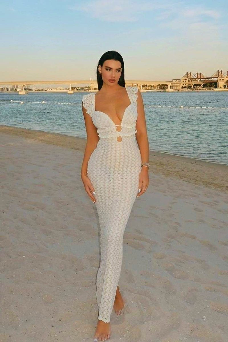 Deep V Neck Keyhole Empire Waist Crochet Open Knit Bodycon Maxi Dress