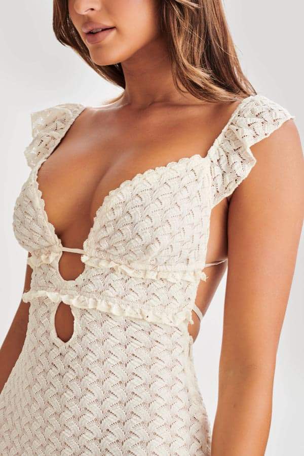 Deep V Neck Keyhole Empire Waist Crochet Open Knit Bodycon Maxi Dress 8