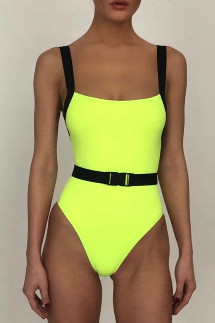 Neon Belted Low Back One Piece Swimsuit