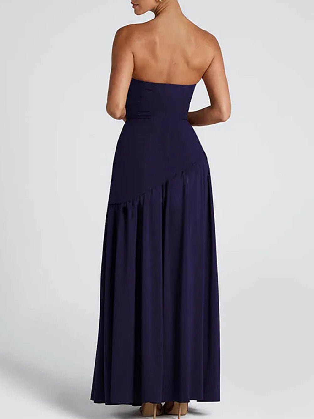 Strapless Choker Neck Asymmetric Dropped Waist Pleated High Slit Maxi Gown 2