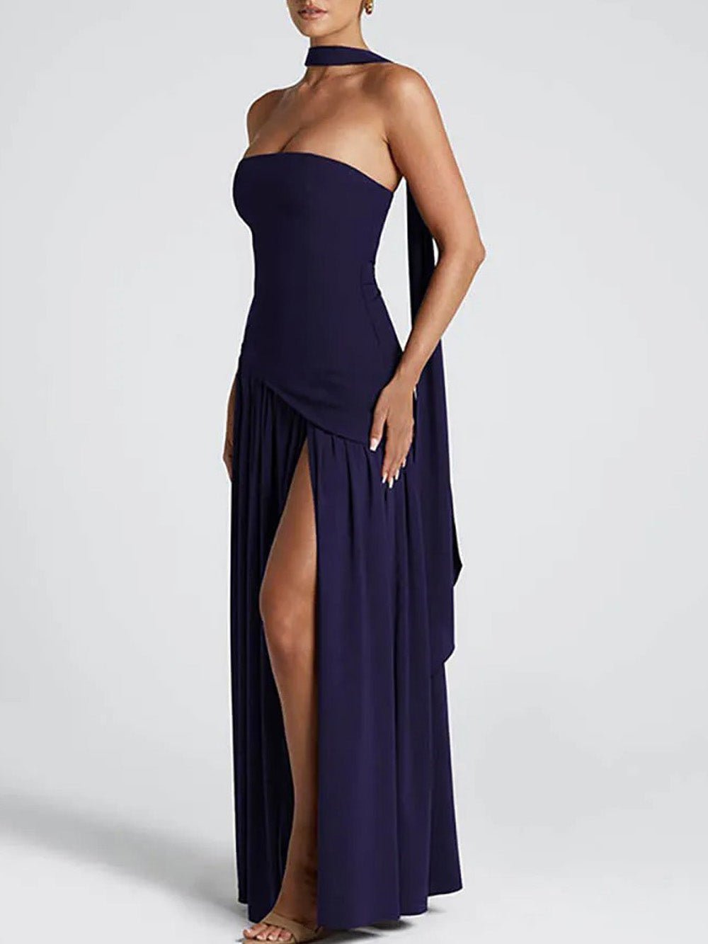 Strapless Choker Neck Asymmetric Dropped Waist Pleated High Slit Maxi Gown 3