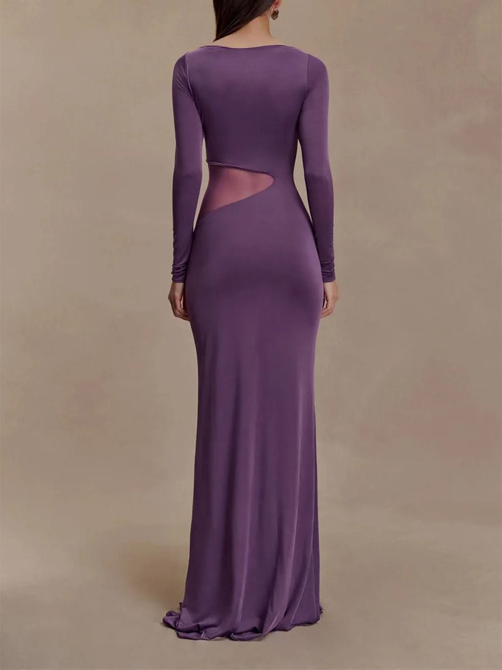 Boat Neck Long Sleeve Mesh Side Cut Out High Slit Maxi Dress 2