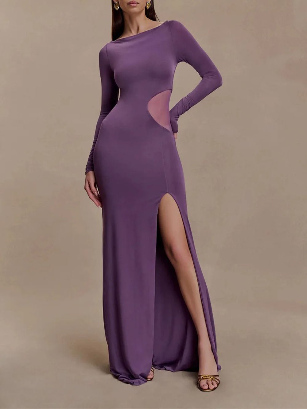 Boat Neck Long Sleeve Mesh Side Cut Out High Slit Maxi Dress 4