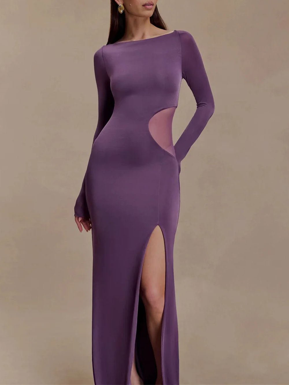 Boat Neck Long Sleeve Mesh Side Cut Out High Slit Maxi Dress 3
