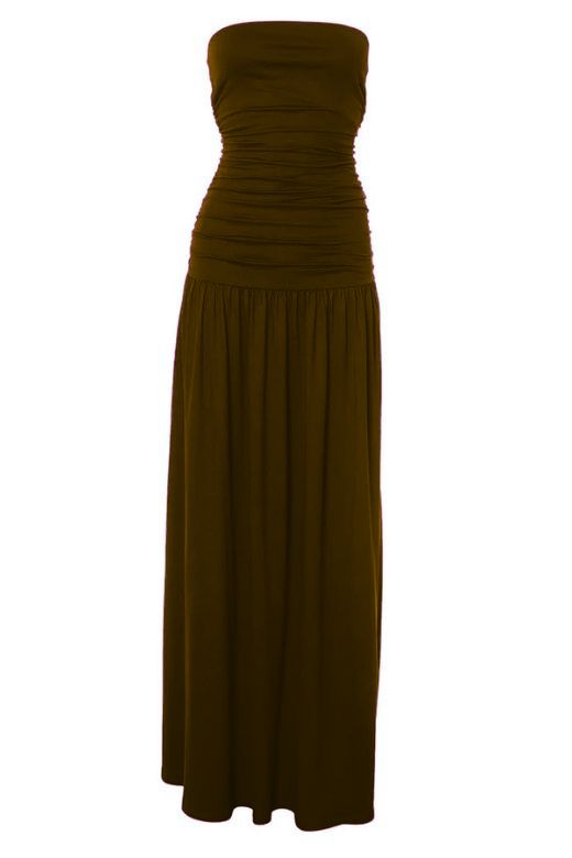 Chocolate Brown Strapless Ruched Dropped Waist Pleated Fit and Flare Midi Dress 2