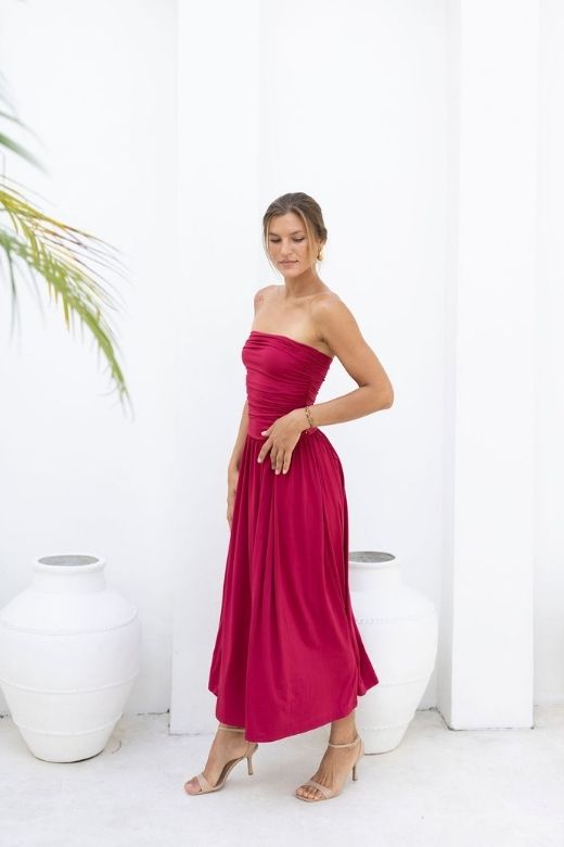 Beige Strapless Ruched Dropped Waist Pleated Fit and Flare Midi Dress 8