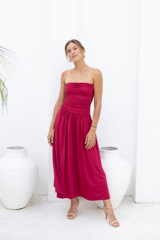 Beige Strapless Ruched Dropped Waist Pleated Fit and Flare Midi Dress 5