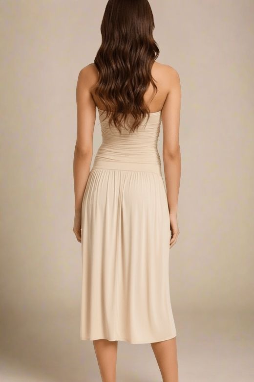 Beige Strapless Ruched Dropped Waist Pleated Fit and Flare Midi Dress 2