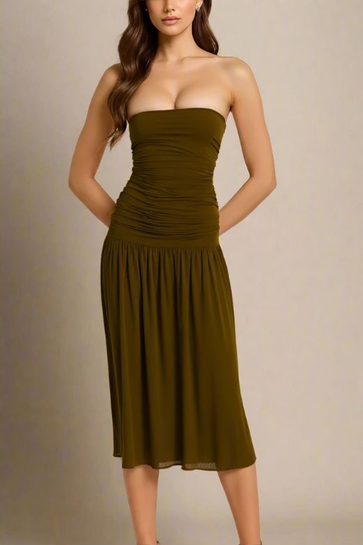 Chocolate Brown Strapless Ruched Dropped Waist Pleated Fit and Flare Midi Dress 5