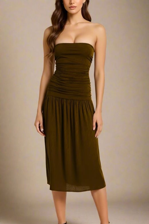Chocolate Brown Strapless Ruched Dropped Waist Pleated Fit and Flare Midi Dress 3