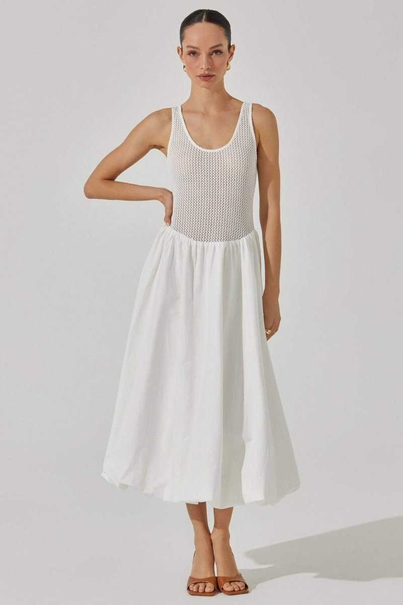 Knit Crochet Bodice Gathered Skirt Scoop Neck Sleeveless Midi Dress 5