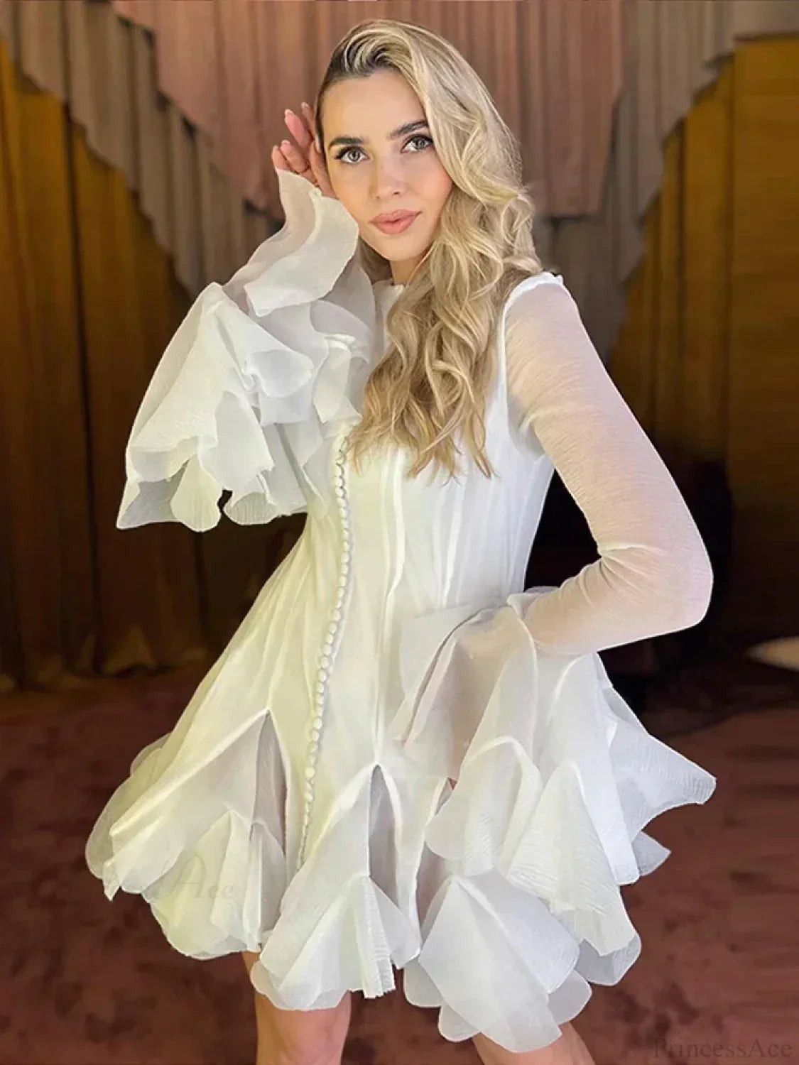 Chiffon Crew Neck Button Front Tiered Ruffle Flare Sleeve Mini Dress 4