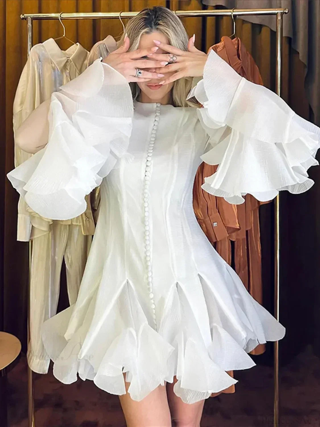 Chiffon Crew Neck Button Front Tiered Ruffle Flare Sleeve Mini Dress 5