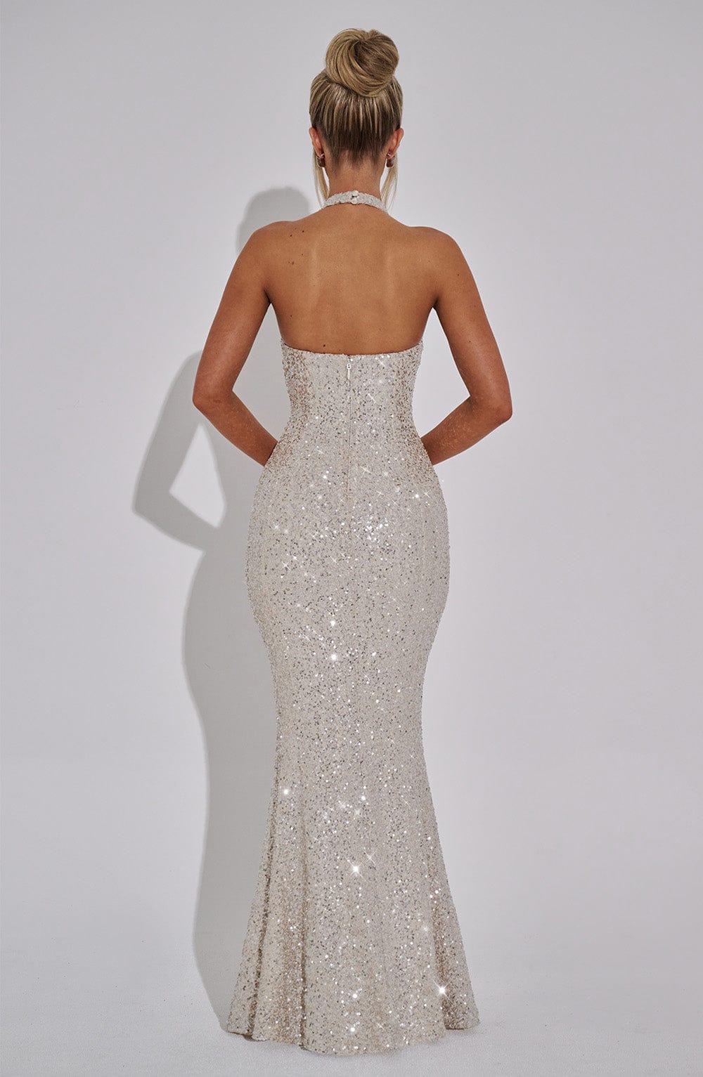 Halter Neck Sequin Mermaid Hem Column Maxi Dress 12