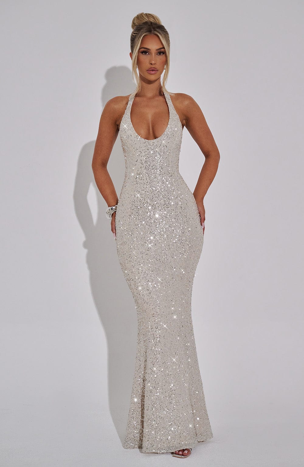 Halter Neck Sequin Mermaid Hem Column Maxi Dress 7