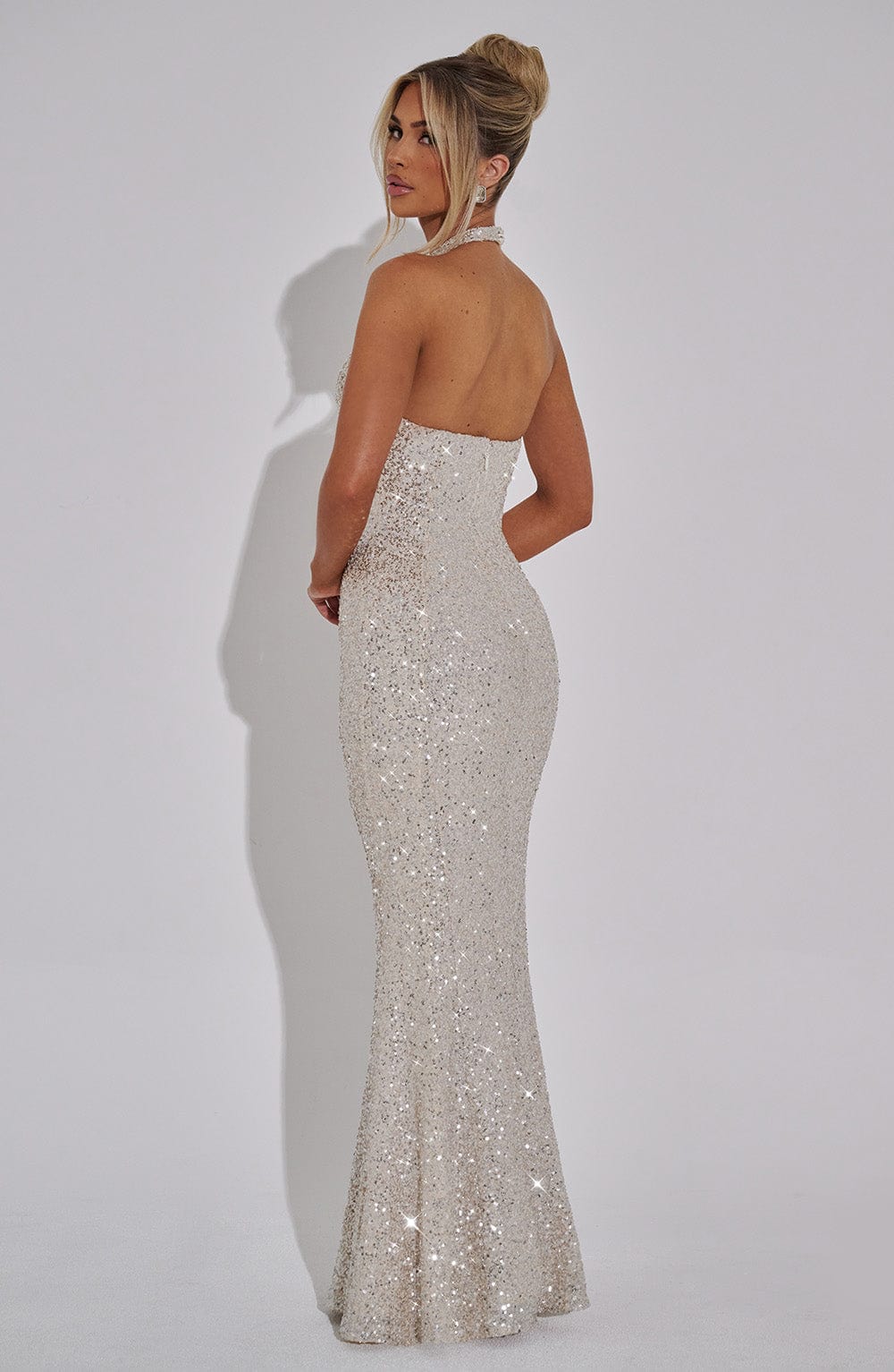 Halter Neck Sequin Mermaid Hem Column Maxi Dress 11