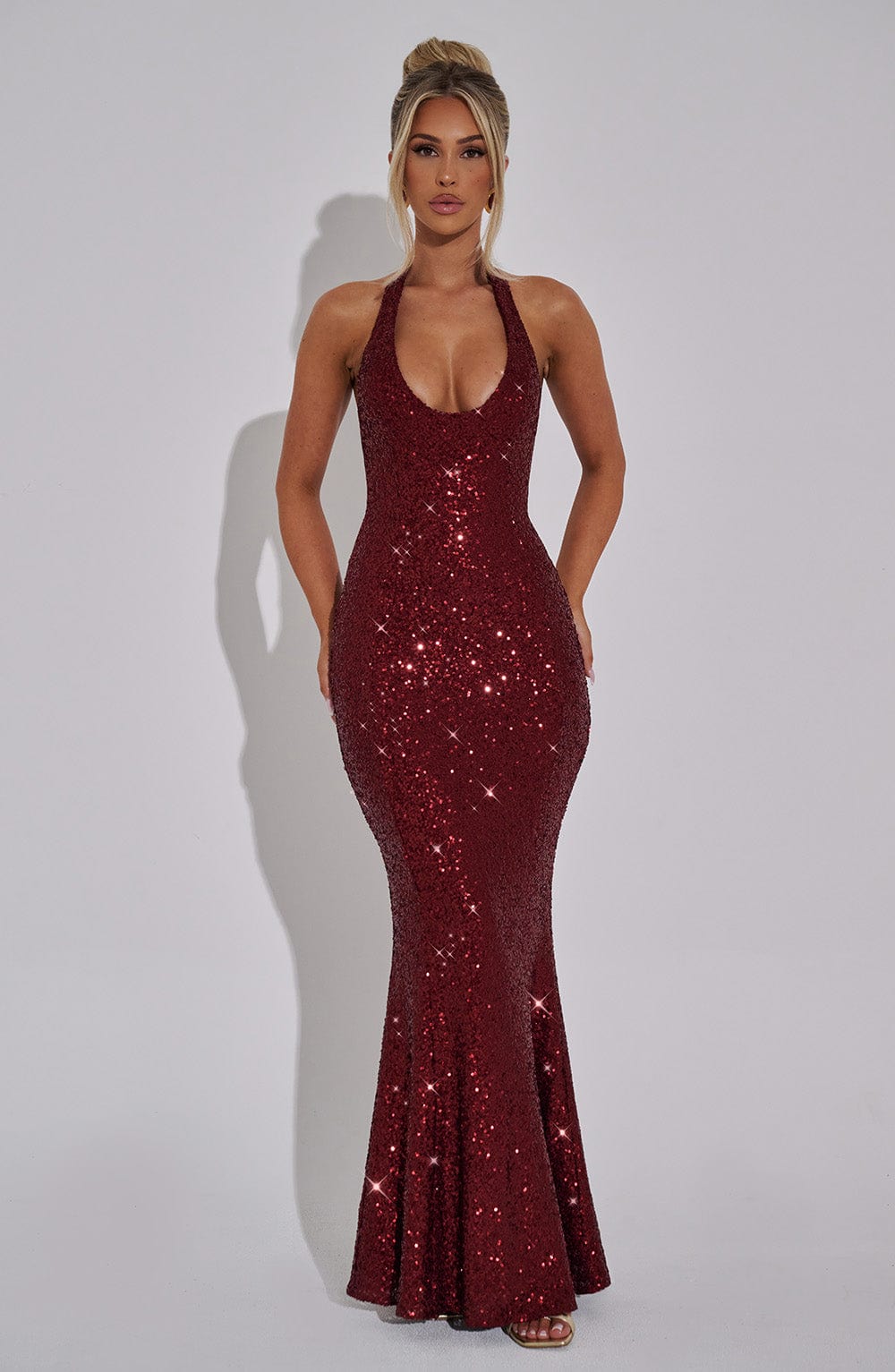 Halter Neck Sequin Mermaid Hem Column Maxi Dress