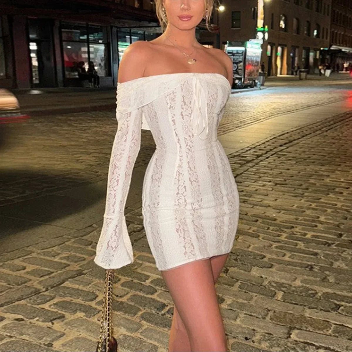 Floral Lace Off Shoulder Bell Sleeve Tie Front Mini Dress 3