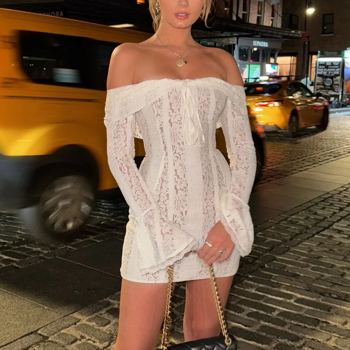Floral Lace Off Shoulder Bell Sleeve Tie Front Mini Dress 2