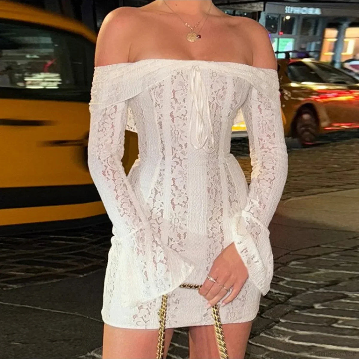Floral Lace Off Shoulder Bell Sleeve Tie Front Mini Dress