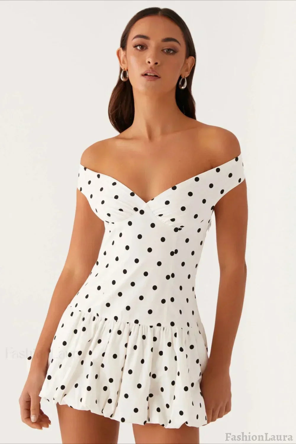 Off-the-Shoulder Polka Dot Ruched Drop Waist Ruffle Peplum Mini Dress 2