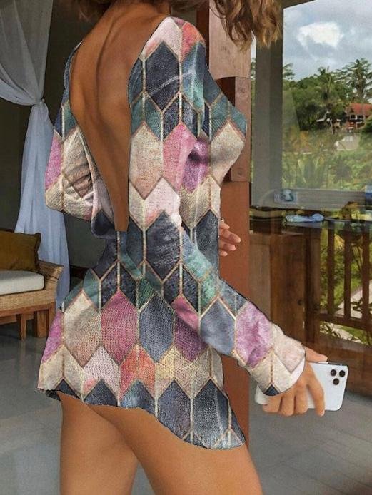 Geometric Diamond Print Asymmetric One-Shoulder Long Sleeve Bodycon Mini Dress 2