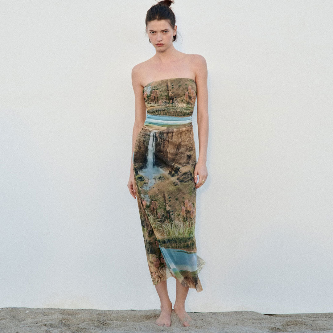 Scenic Landscape Print Strapless Bodycon Midi Tube Dress 2