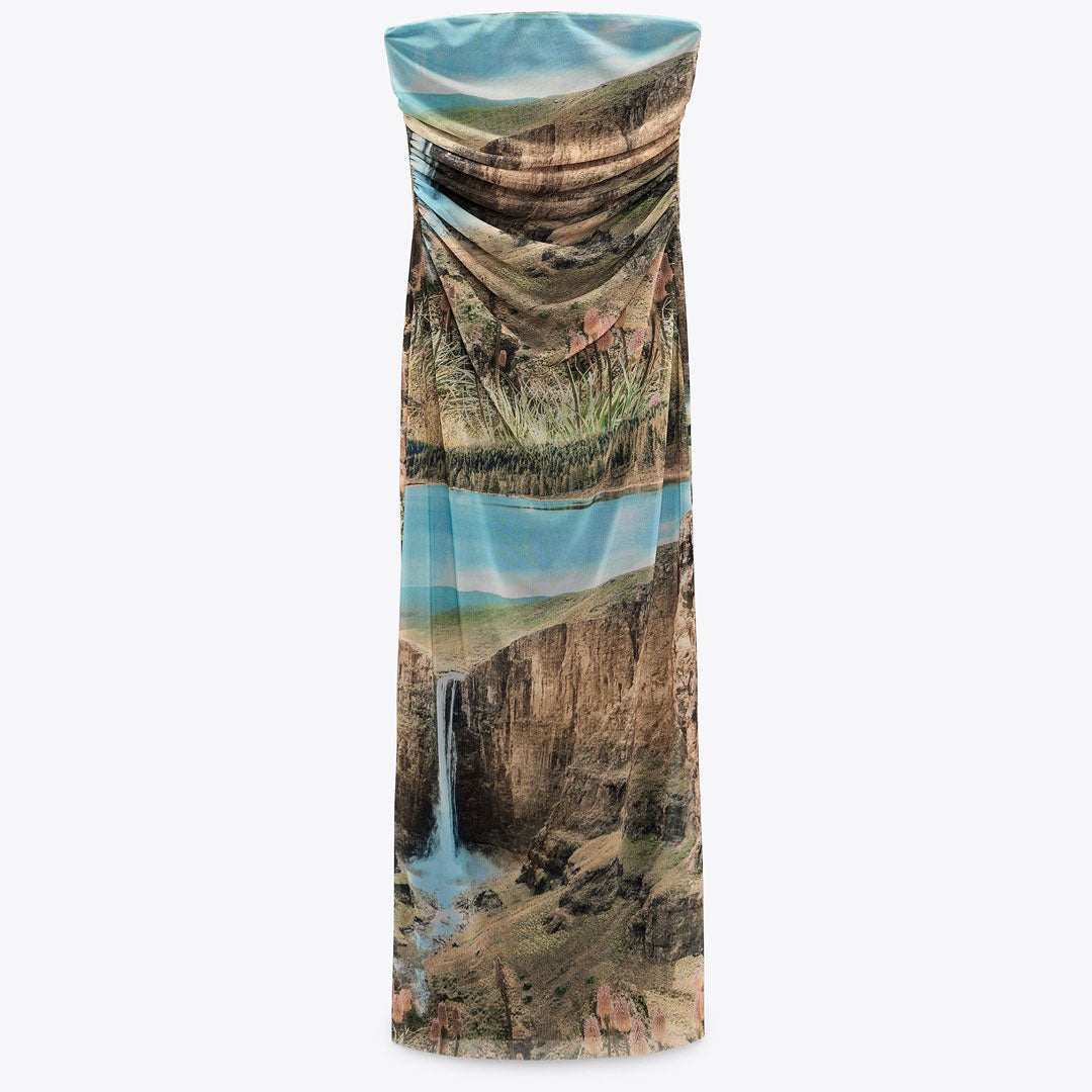 Scenic Landscape Print Strapless Bodycon Midi Tube Dress 3