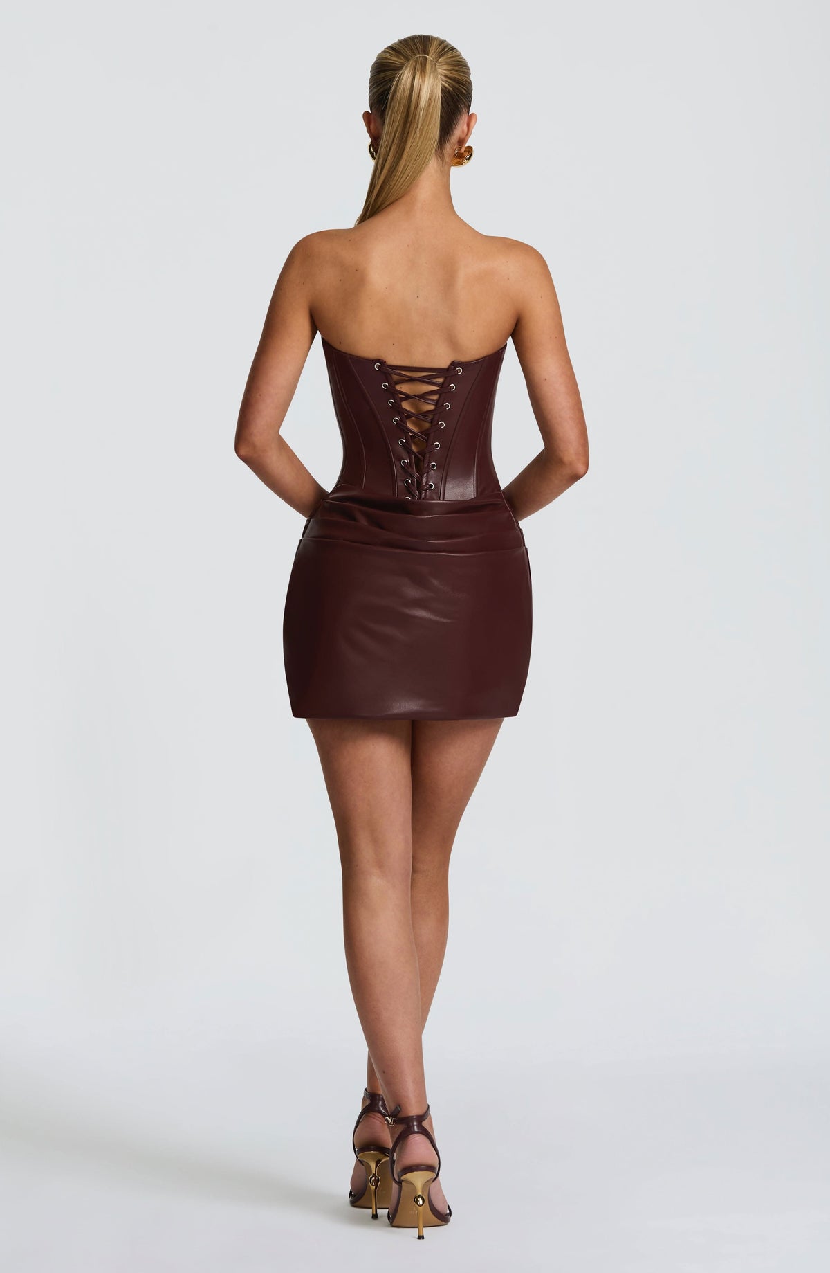 Strapless Corset Seam Draped Ruched Faux Leather Mini Dress 4