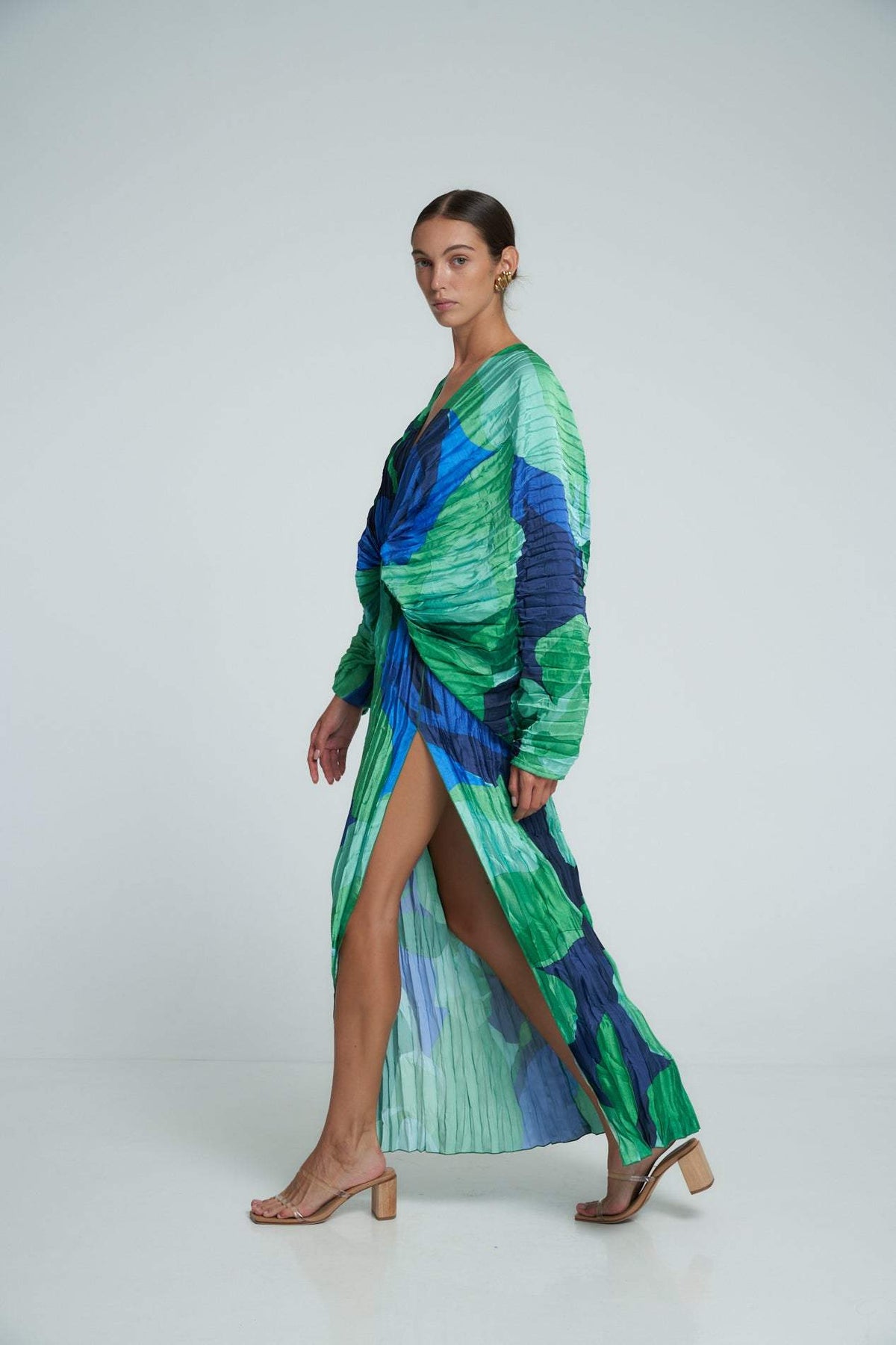Abstract Print Plisse Balloon Sleeve Deep V-Neck Maxi Dress 6