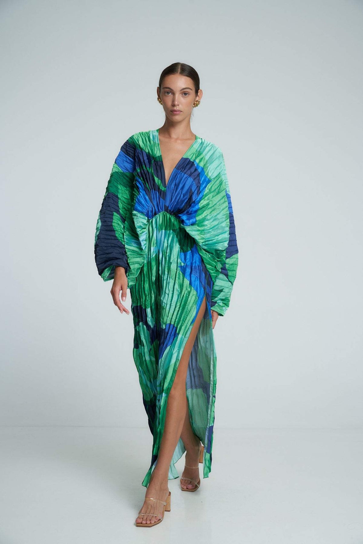 Abstract Print Plisse Balloon Sleeve Deep V-Neck Maxi Dress 4