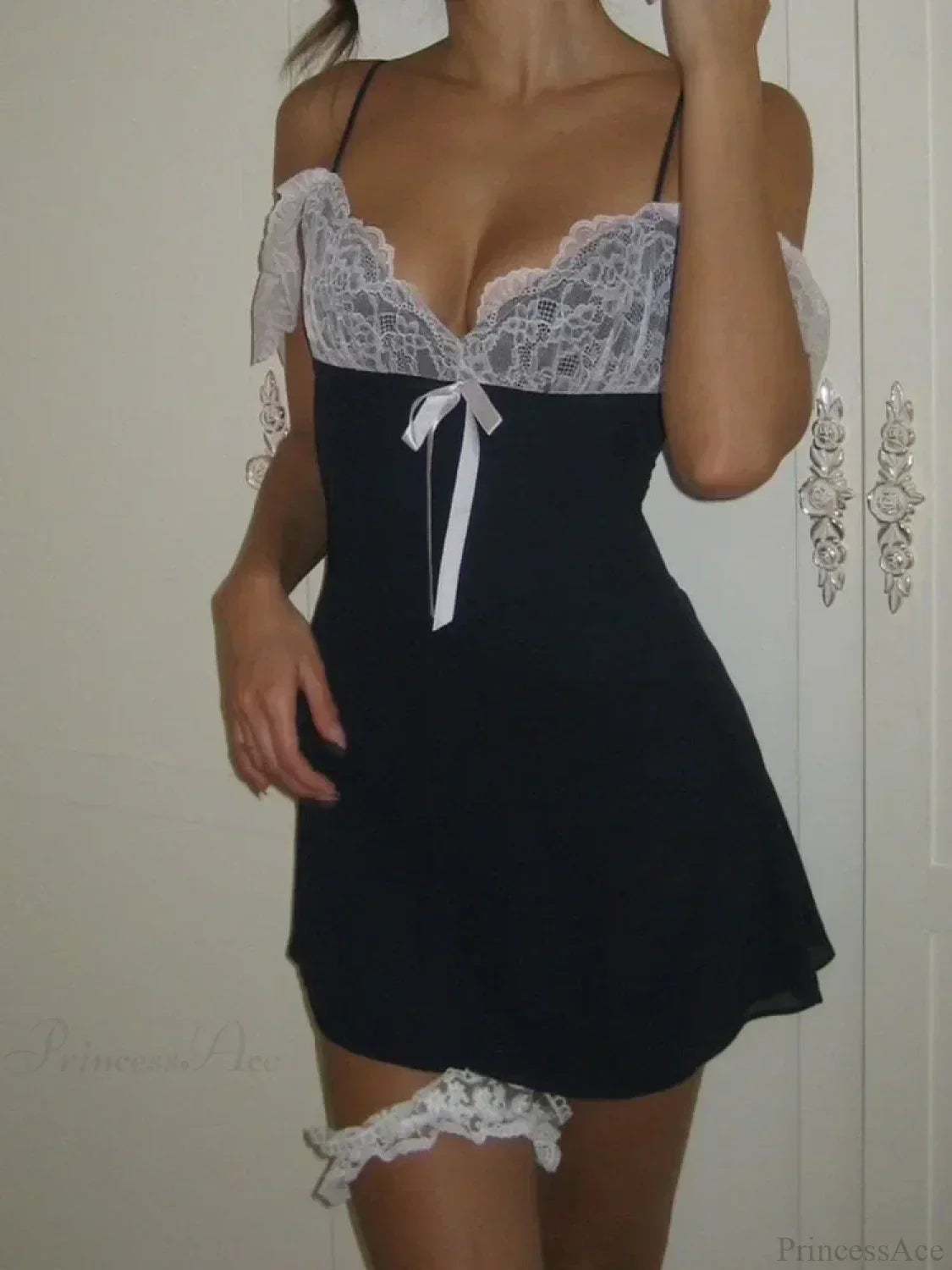 Lace Bodice Bow Trim Ruffle Cap Sleeve Babydoll Chemise Mini Dress 3