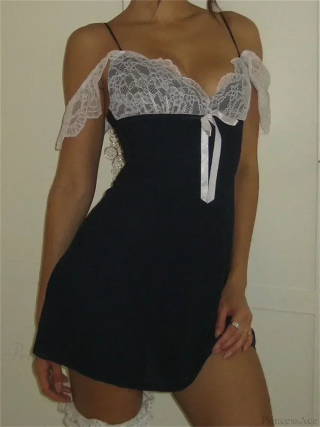 Lace Bodice Bow Trim Ruffle Cap Sleeve Babydoll Chemise Mini Dress 5