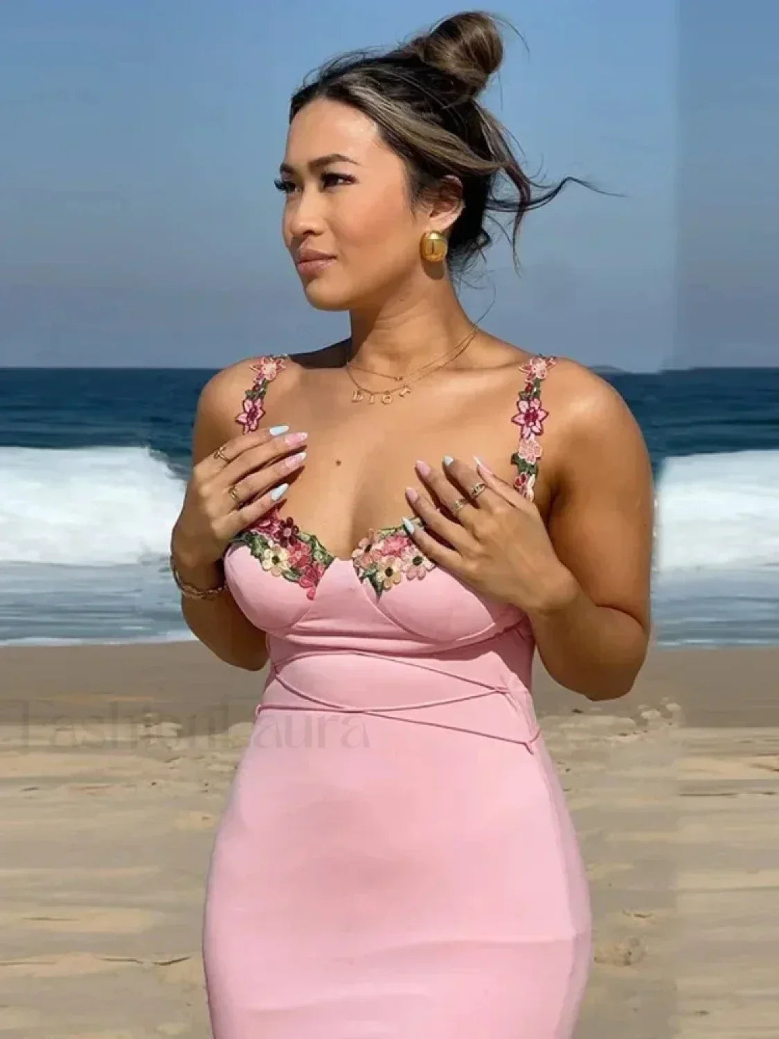 Pink Patchwork Strapless Midi Dress 7