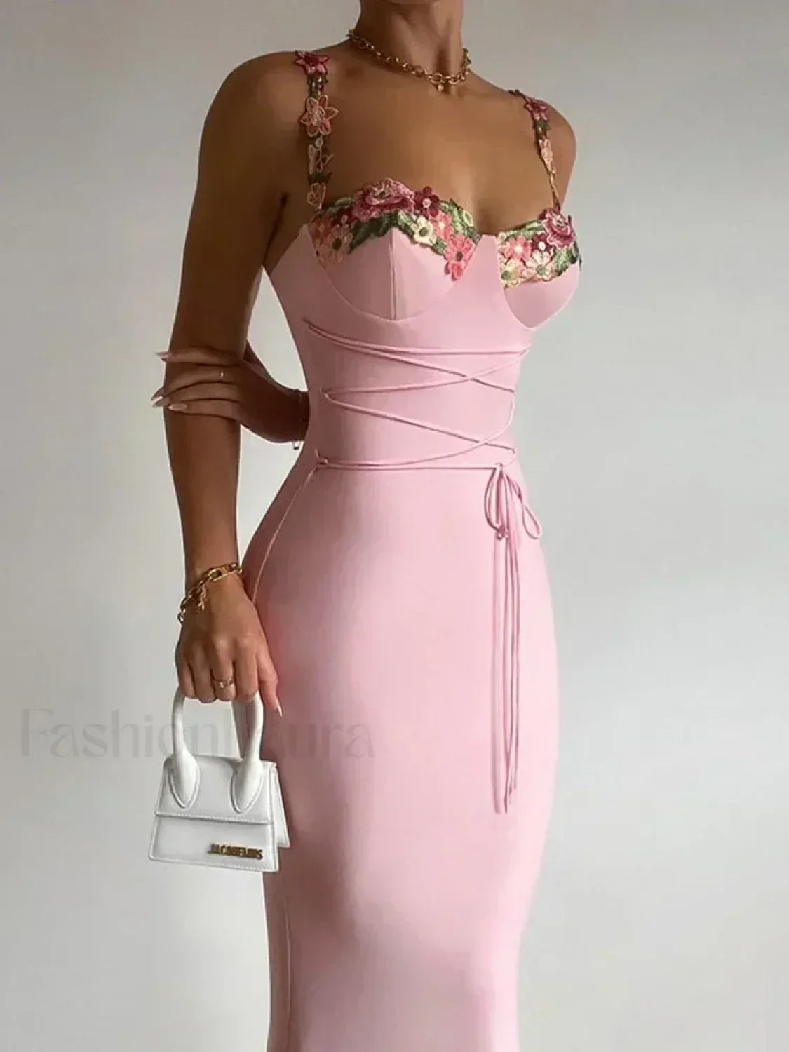 Pink Patchwork Strapless Midi Dress 10