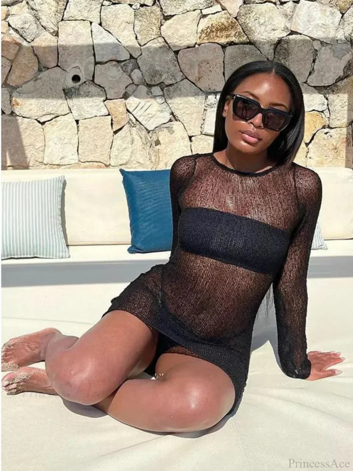 Sheer Crochet Knit High Neck Long Sleeve Bodycon Mini Dress 5