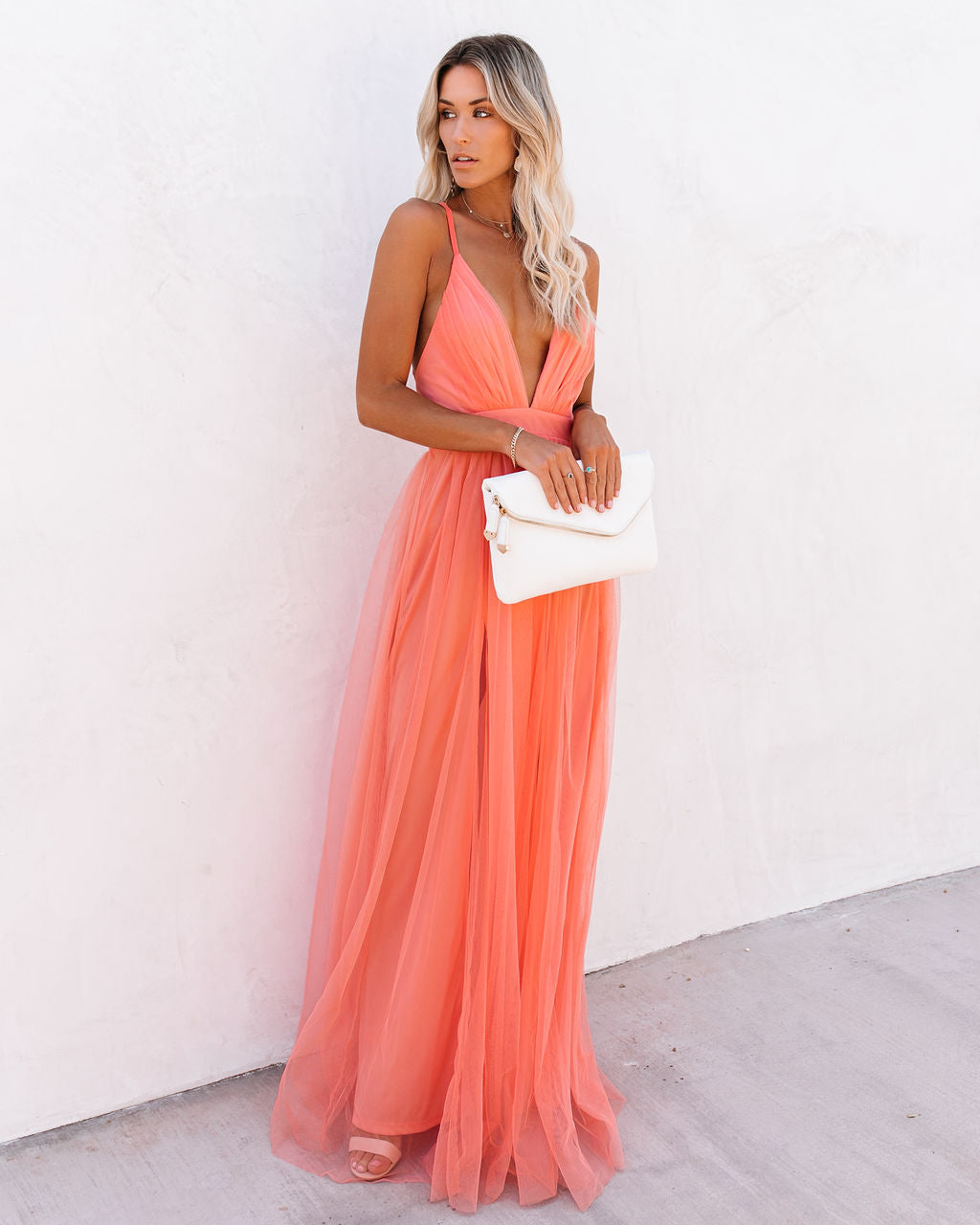 Spaghetti Strap Deep V Neck Pleated Tulle High Slit Maxi Dress 4