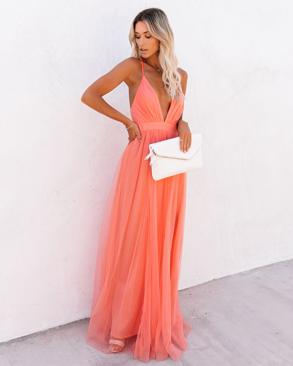 Spaghetti Strap Deep V Neck Pleated Tulle High Slit Maxi Dress 5