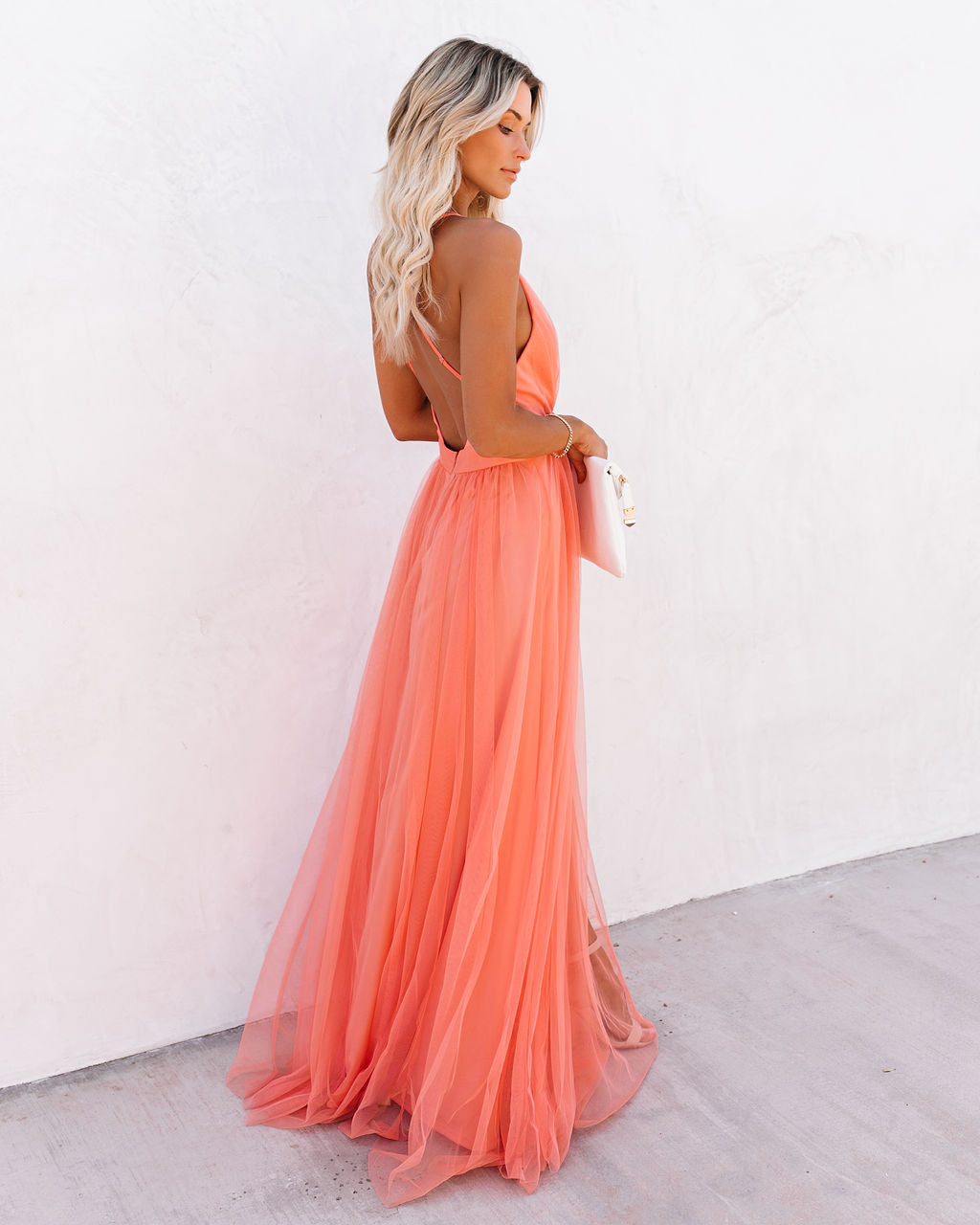 Spaghetti Strap Deep V Neck Pleated Tulle High Slit Maxi Dress 6