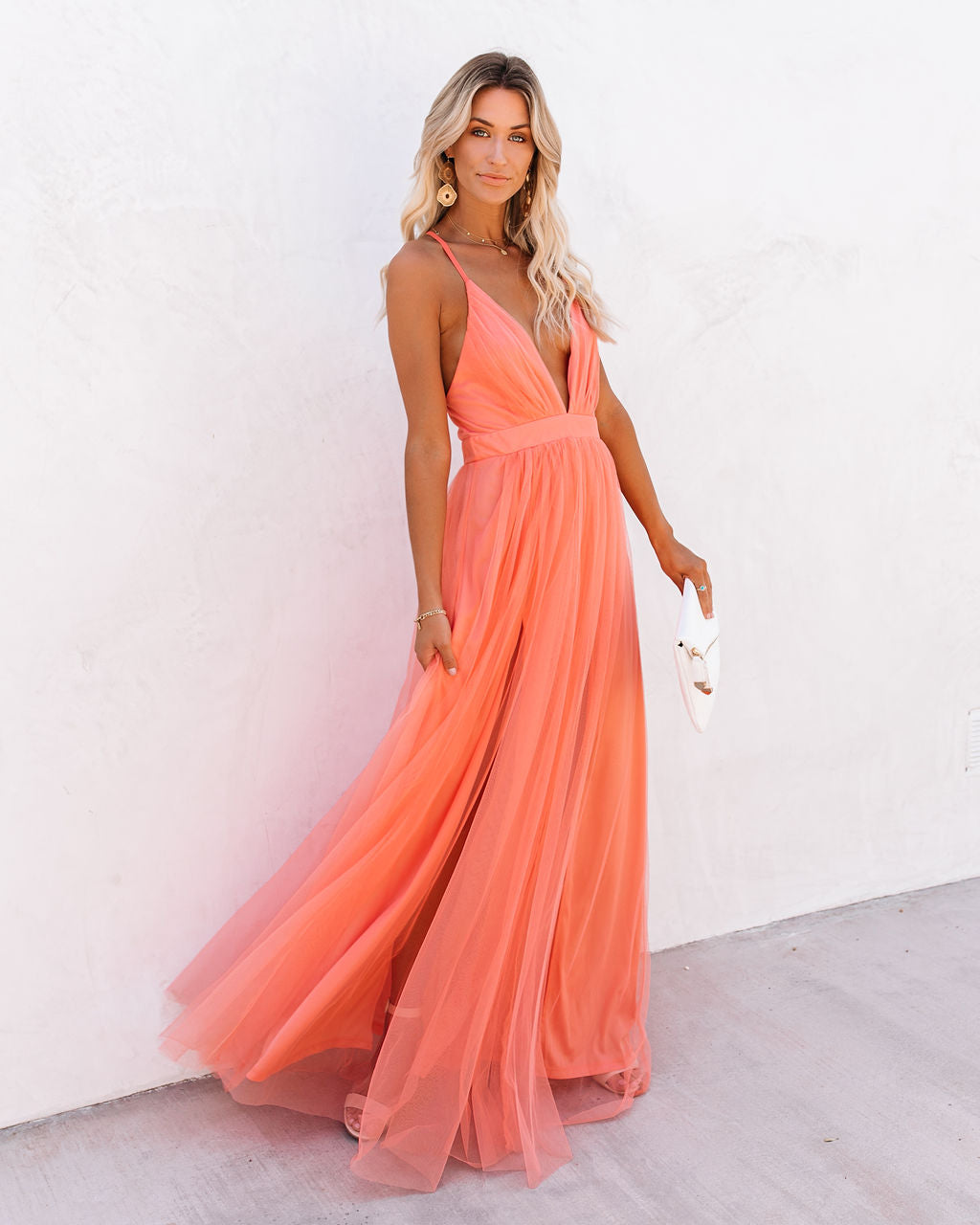 Spaghetti Strap Deep V Neck Pleated Tulle High Slit Maxi Dress 8