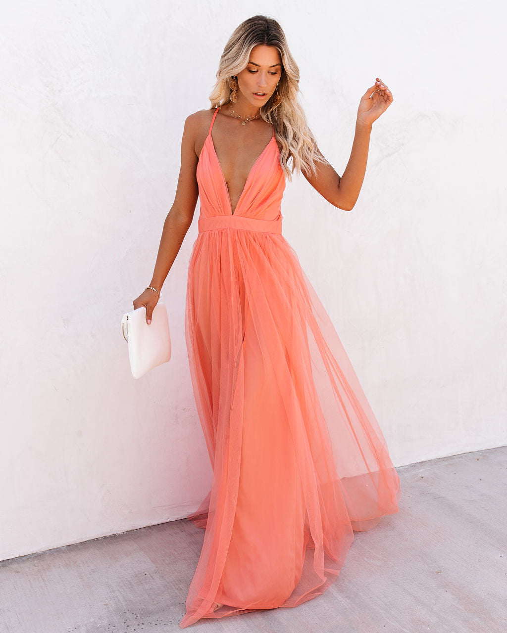 Spaghetti Strap Deep V Neck Pleated Tulle High Slit Maxi Dress 3