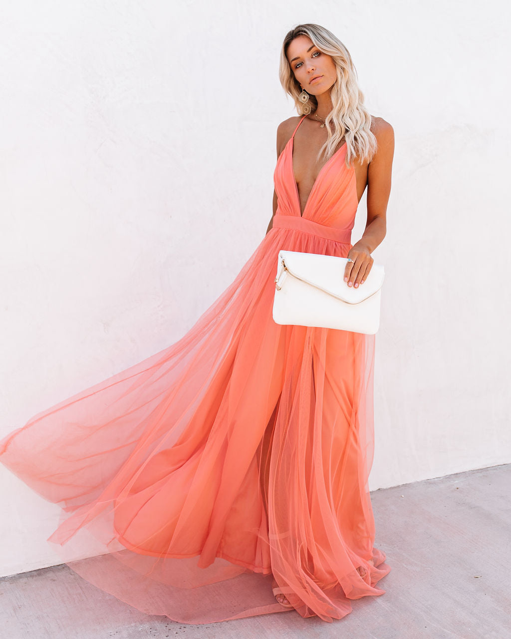 Spaghetti Strap Deep V Neck Pleated Tulle High Slit Maxi Dress 9