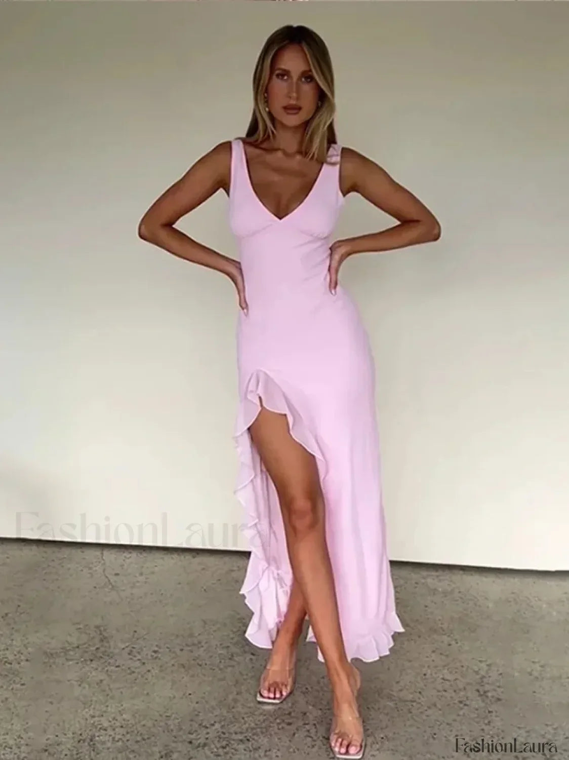 Pink Strappy Slit Midi Dress 5