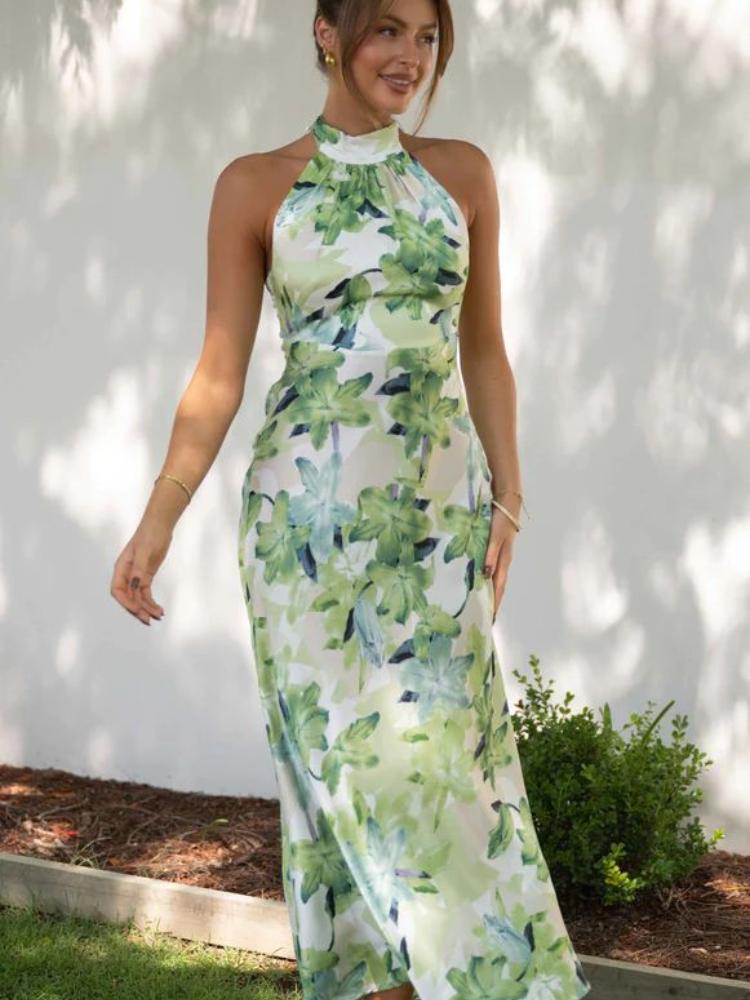 Satin Floral Print Halter Mock Neck Tie Back Maxi Dress 4