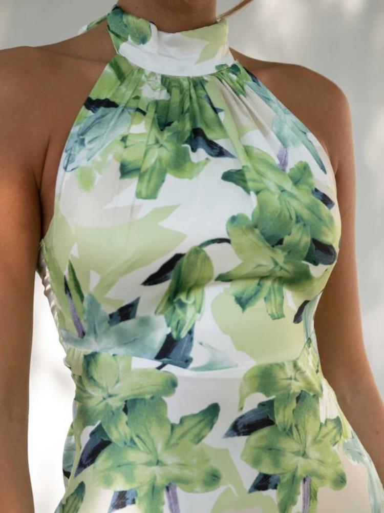 Botanical Print Halter Tie-Back Backless Satin Column Maxi Dress 6