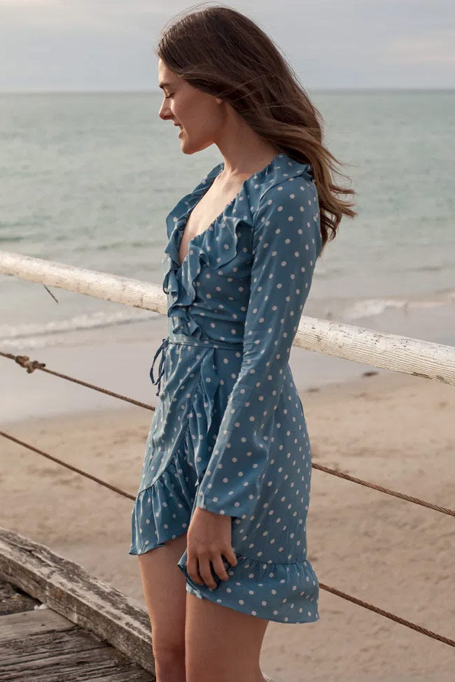 V-Neck Ruffle Trim Long Sleeve Tie Waist Wrap Polka Dot Mini Dress 3