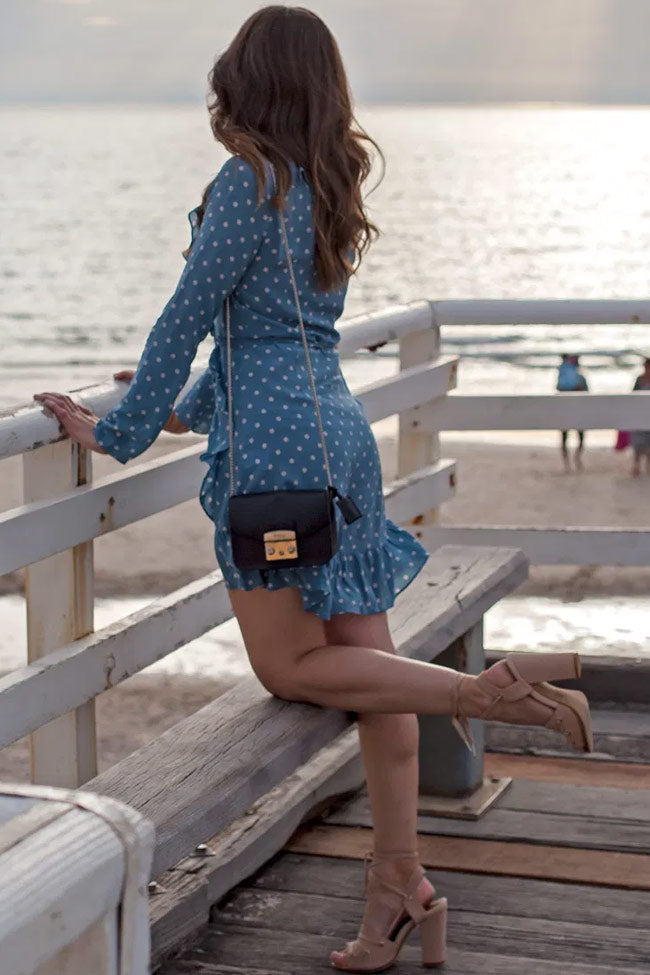 V-Neck Ruffle Trim Long Sleeve Tie Waist Wrap Polka Dot Mini Dress 4