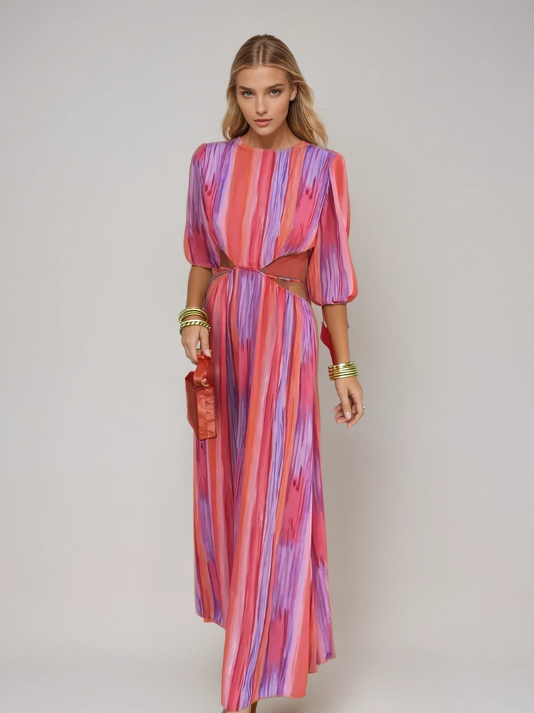 Round Neck Puff Sleeve Side Cutout Vertical Stripe Maxi Dress