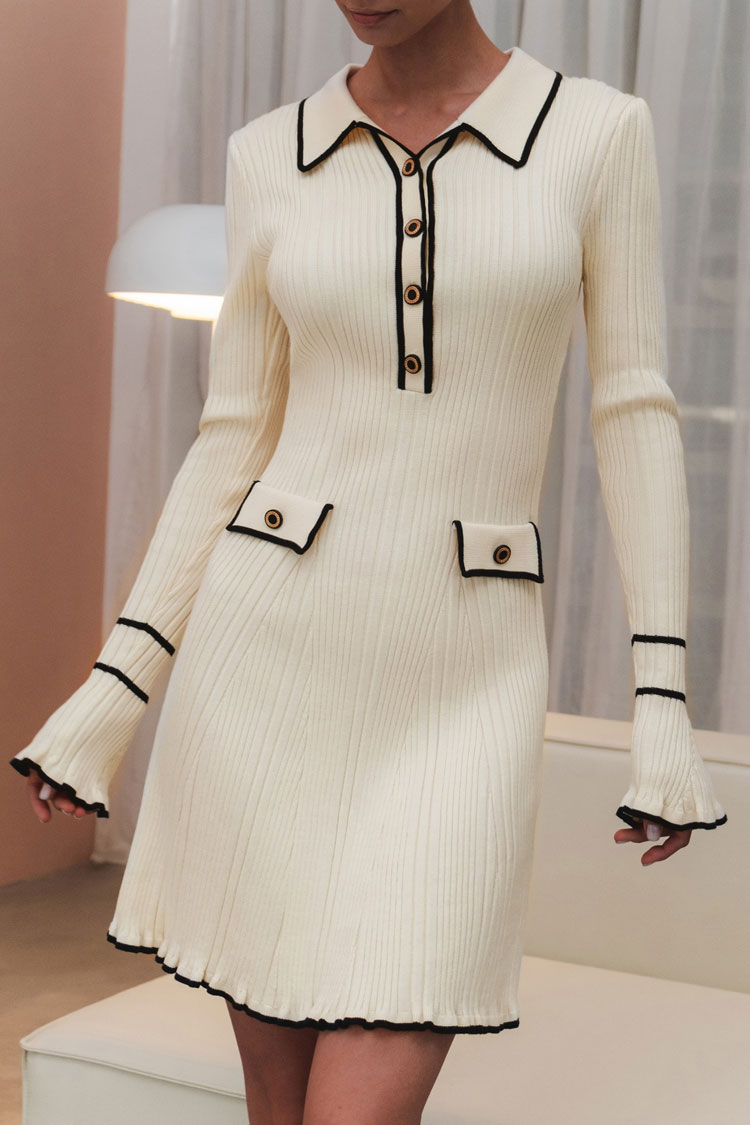 Contrast Collar Button Front Long Sleeve Ribbed Knit Sweater Mini Dress 4
