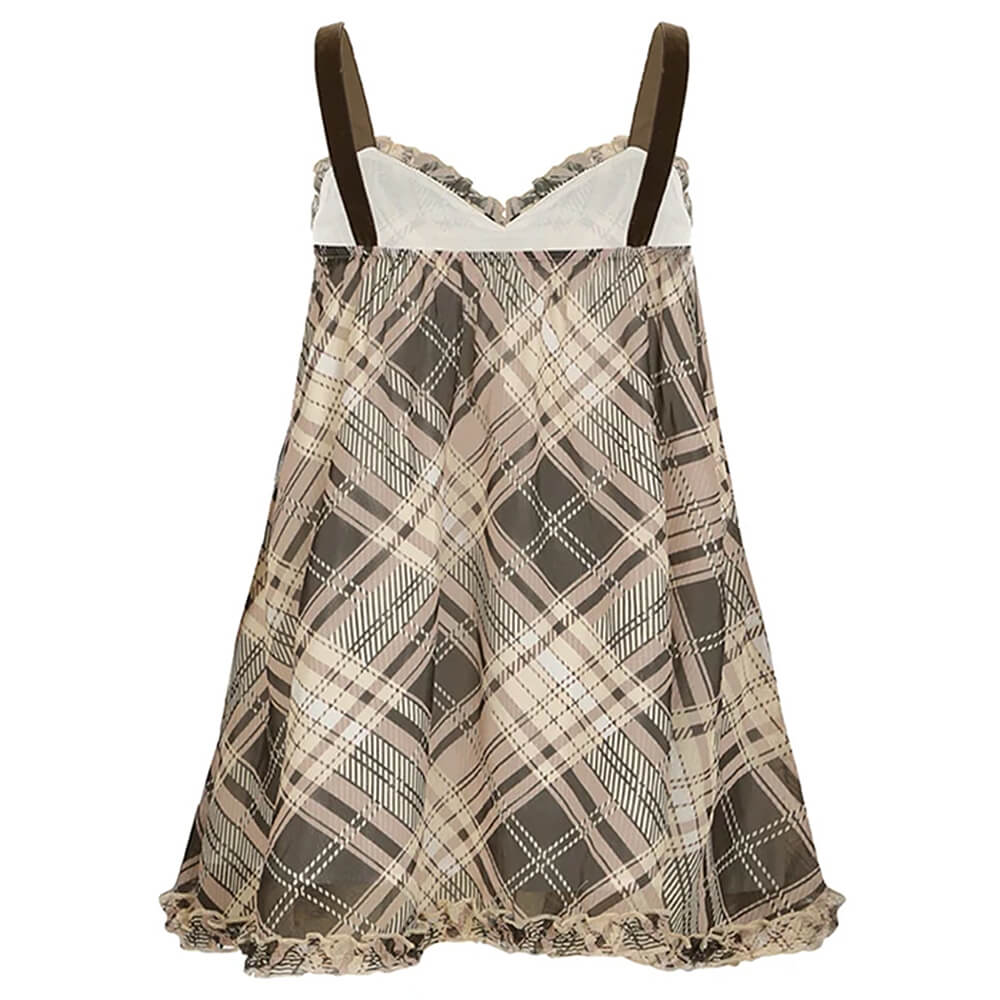 Plaid Babydoll Sweetheart Lace Trim Velvet Bow Empire Mini Dress 4